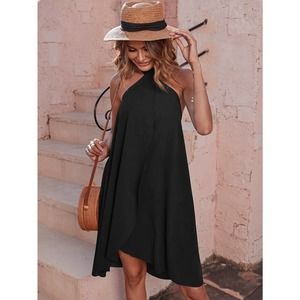 Boho Tie Backless Wrap Halter tank Dress black